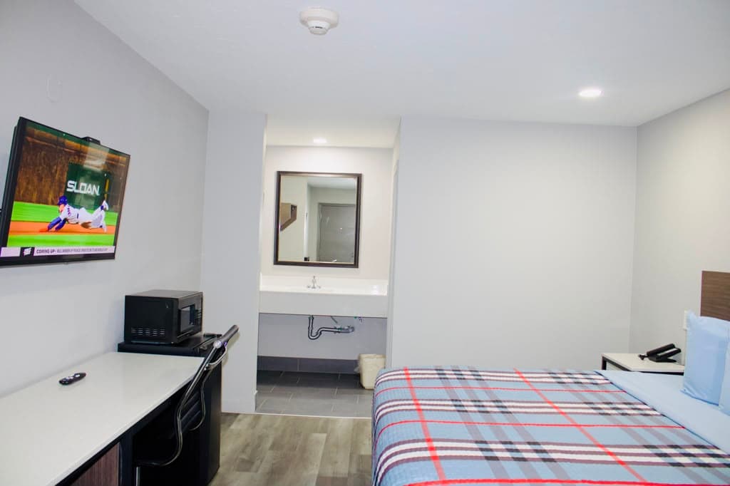 Suite with TV, microwave, mini-fridge, and vanity area