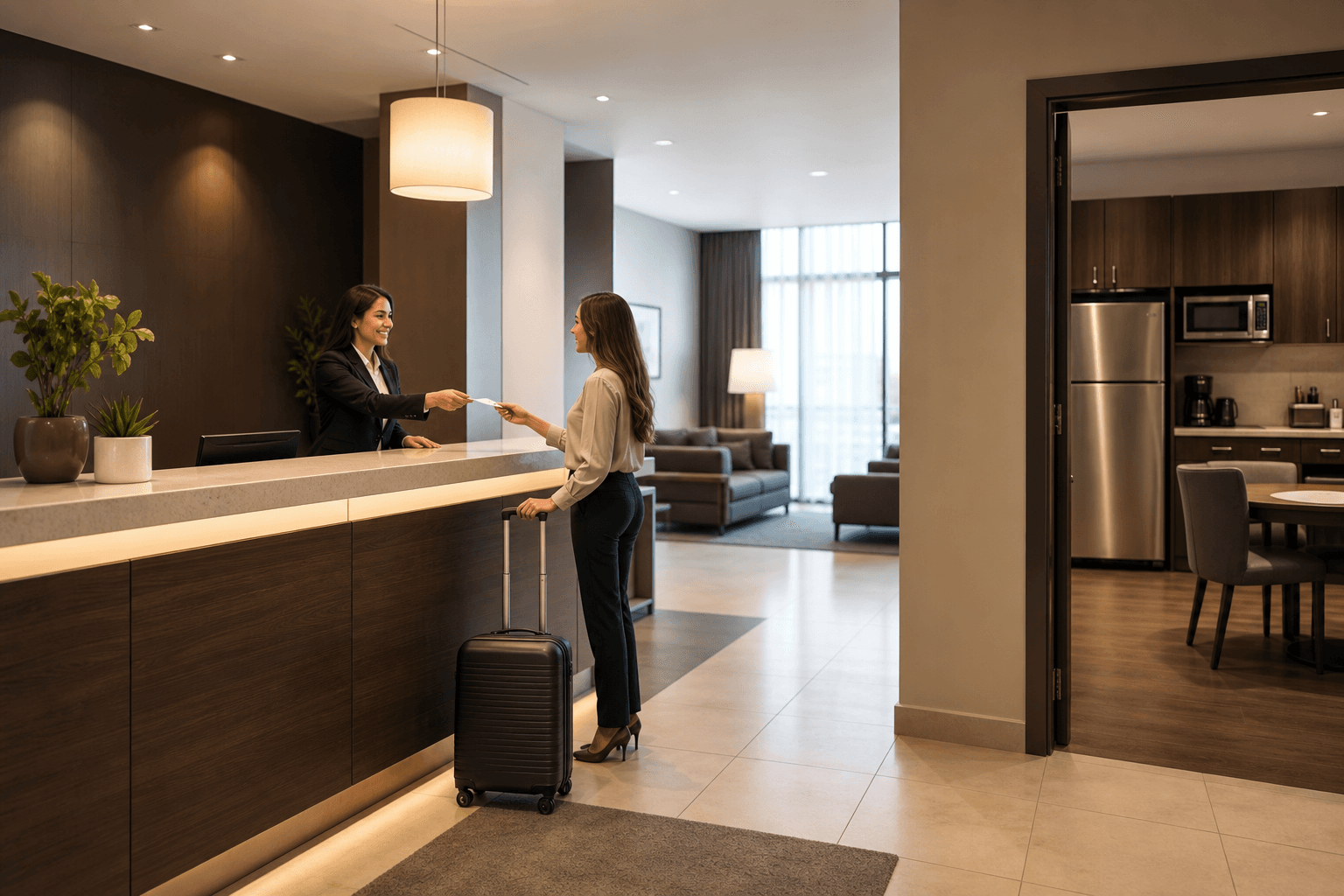 Which OKC hotel has a 24-hour front desk and suites with full kitchens?